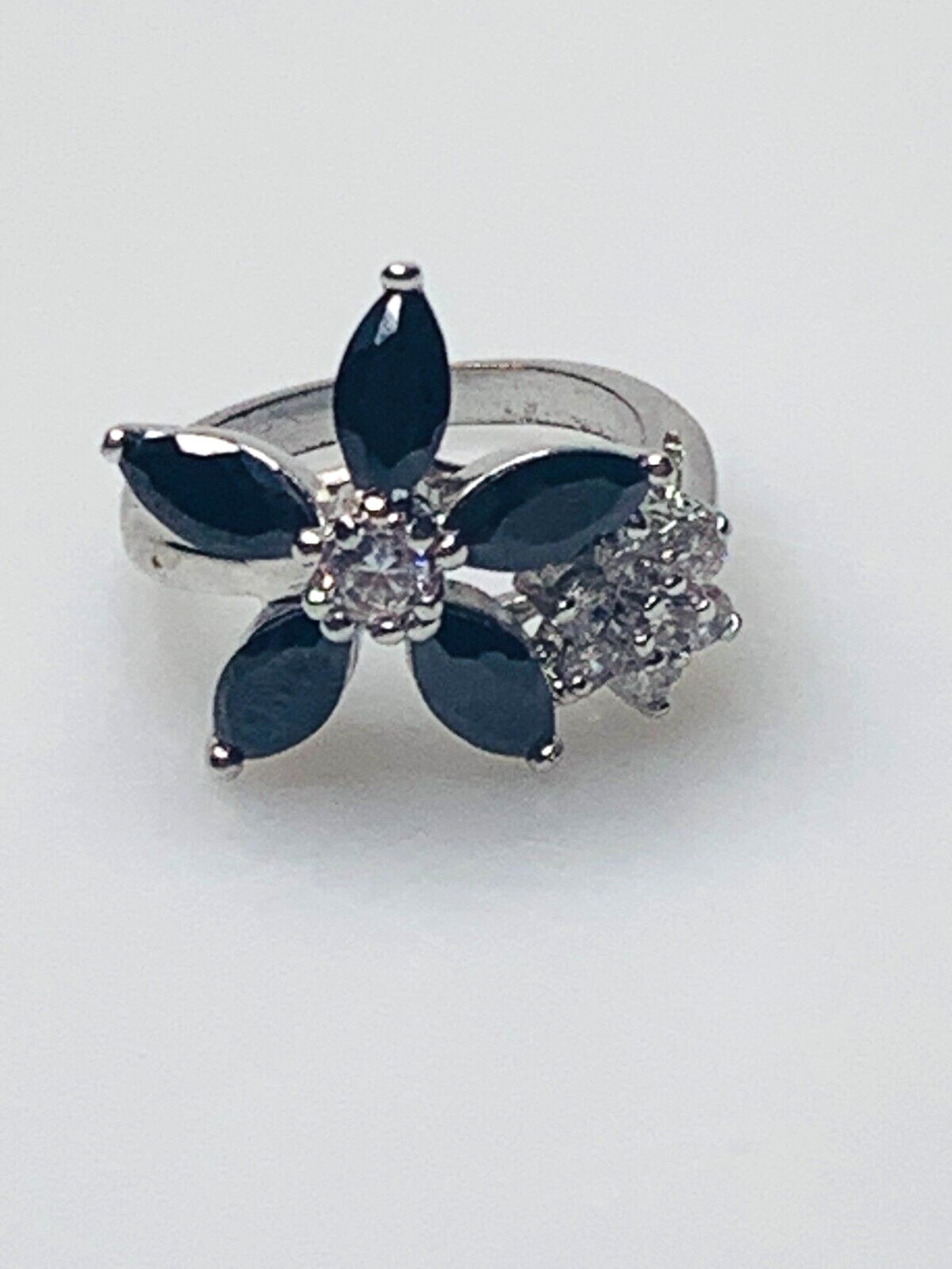 Black & Clear Flower Ring, Black Marquise Stones, Clear Stone Cluster, Cocktail